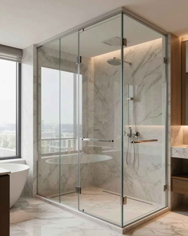 Douchewand in marmeren badkamer met folie aan (transparant)