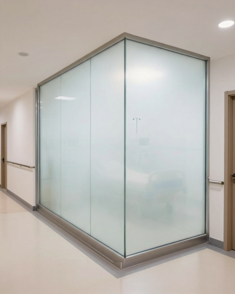 Matte glaswand in een zorg- of consultatieomgeving