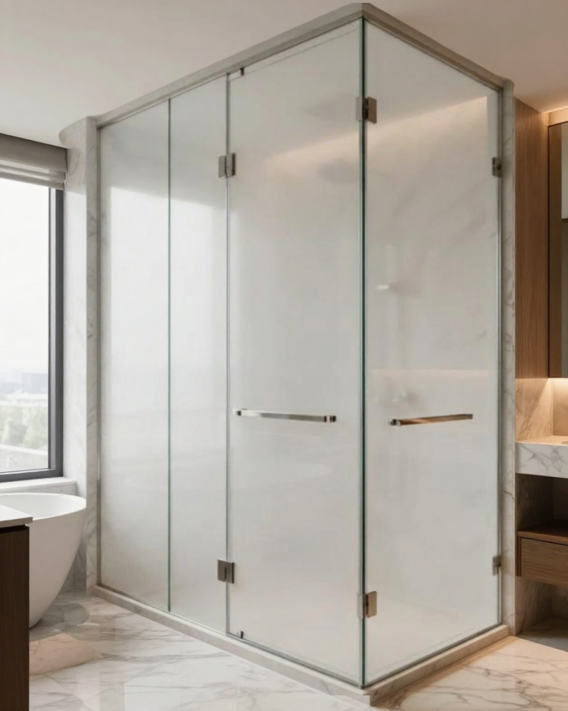 Douchewand in marmeren badkamer met folie uit (privacy mode)