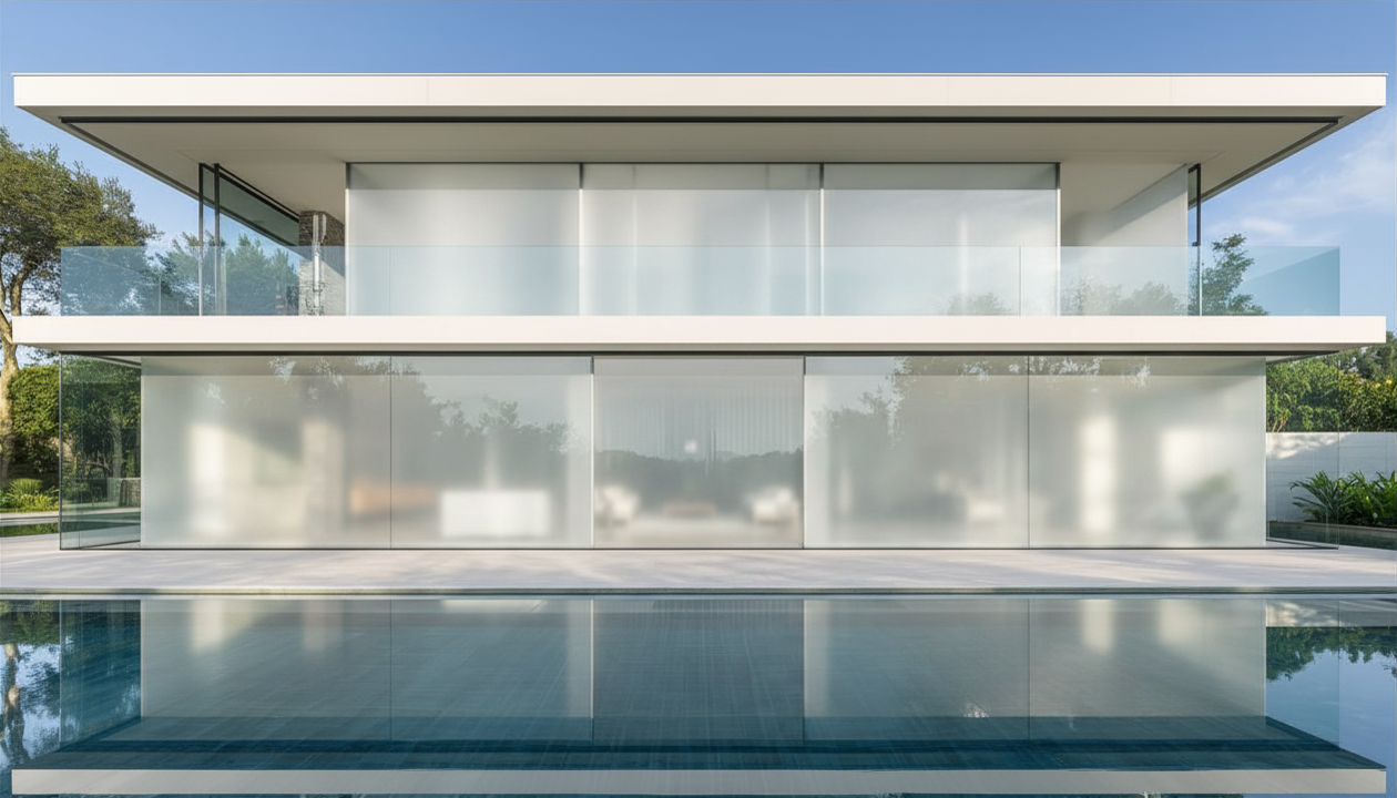 Luxe villa met glasgevel met folie uit (privacy mode)